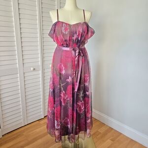 Candlelite Plum Floral Glitter Mesh Maxi Dress Size M Romantic Fairytale Cottage